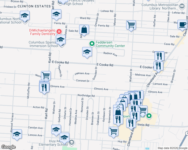 map of restaurants, bars, coffee shops, grocery stores, and more near 1709 Hansen Avenue in Columbus