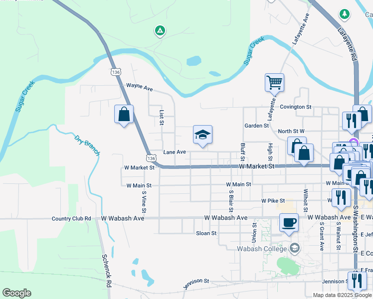 map of restaurants, bars, coffee shops, grocery stores, and more near 1102 Lane Avenue in Crawfordsville