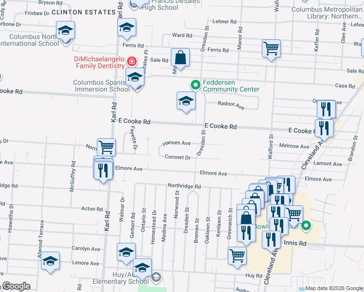 map of restaurants, bars, coffee shops, grocery stores, and more near 1661 Hansen Avenue in Columbus