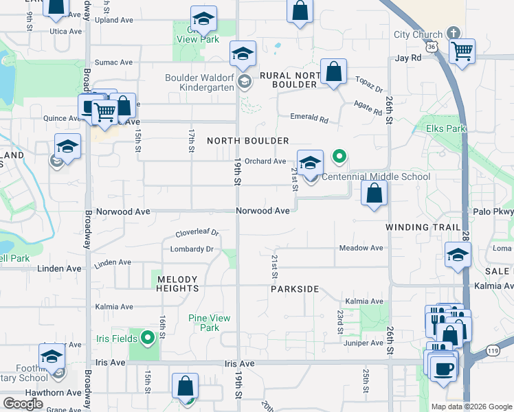 map of restaurants, bars, coffee shops, grocery stores, and more near 1975 Norwood Avenue in Boulder