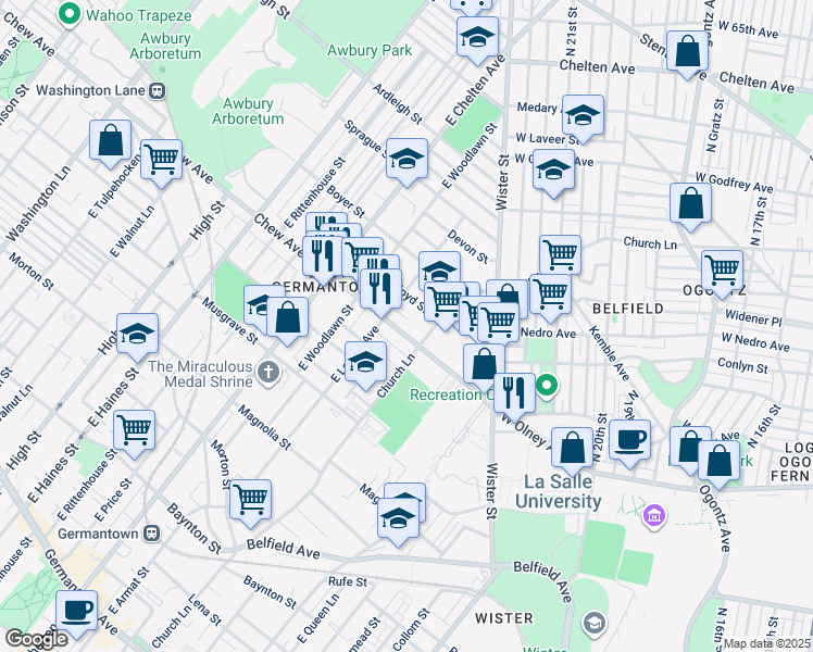 map of restaurants, bars, coffee shops, grocery stores, and more near 5521 Chew Avenue in Philadelphia