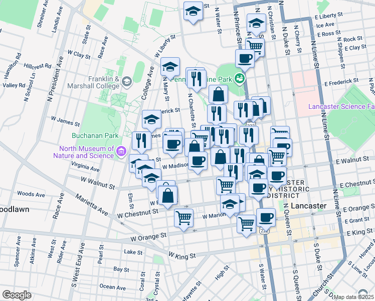 map of restaurants, bars, coffee shops, grocery stores, and more near 351 North Charlotte Street in Lancaster