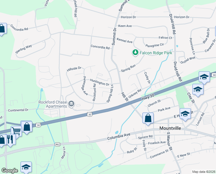 map of restaurants, bars, coffee shops, grocery stores, and more near 206 Huntington Dr in Mountville
