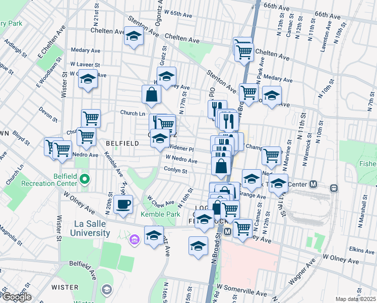 map of restaurants, bars, coffee shops, grocery stores, and more near 1608 Widener Place in Philadelphia