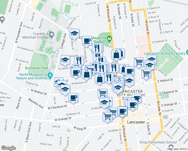 map of restaurants, bars, coffee shops, grocery stores, and more near 325 West Lemon Street in Lancaster