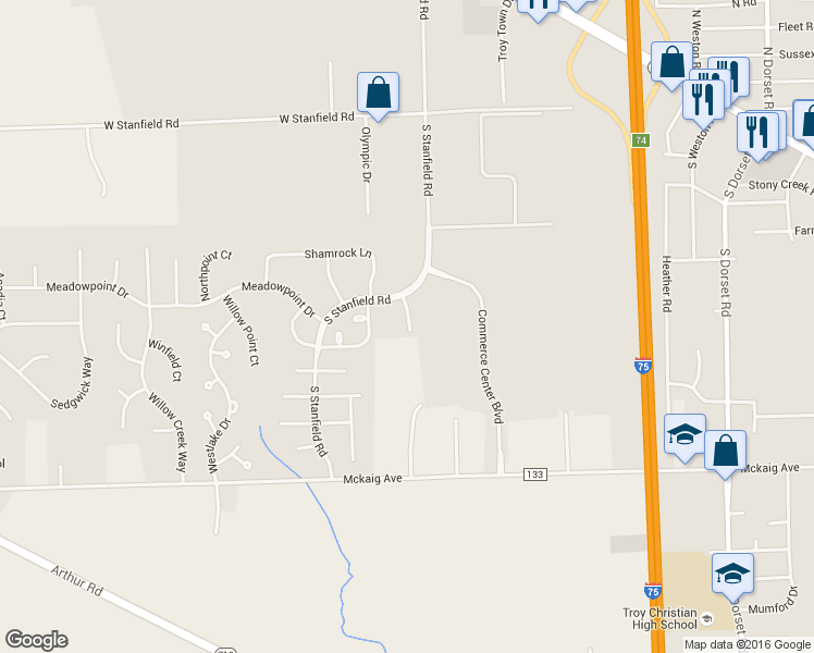 map of restaurants, bars, coffee shops, grocery stores, and more near 701 South Stanfield Road in Troy