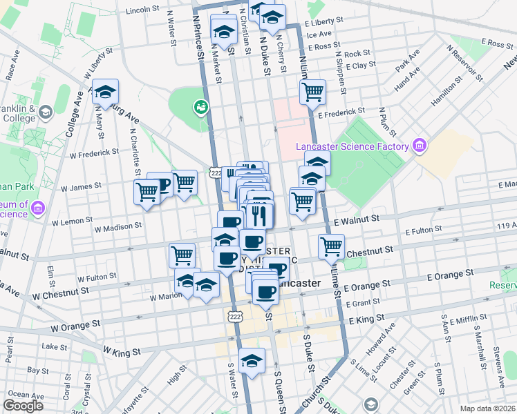 map of restaurants, bars, coffee shops, grocery stores, and more near 347 North Queen Street in Lancaster