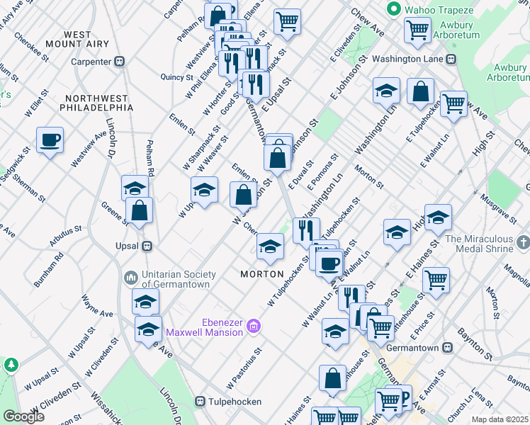 map of restaurants, bars, coffee shops, grocery stores, and more near 43 West Duval Street in Philadelphia