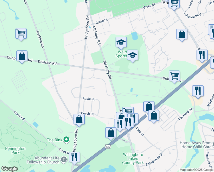 map of restaurants, bars, coffee shops, grocery stores, and more near 1475 Mount Holly Road in Beverly