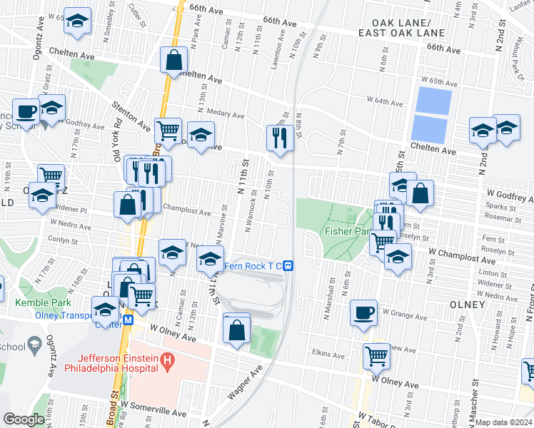 map of restaurants, bars, coffee shops, grocery stores, and more near 6013 North 10th Street in Philadelphia