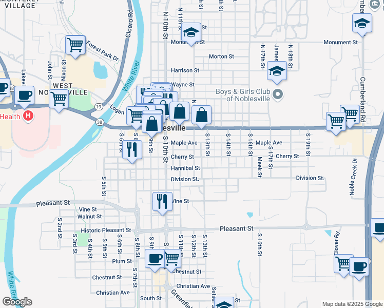 map of restaurants, bars, coffee shops, grocery stores, and more near 1194 Cherry Street in Noblesville