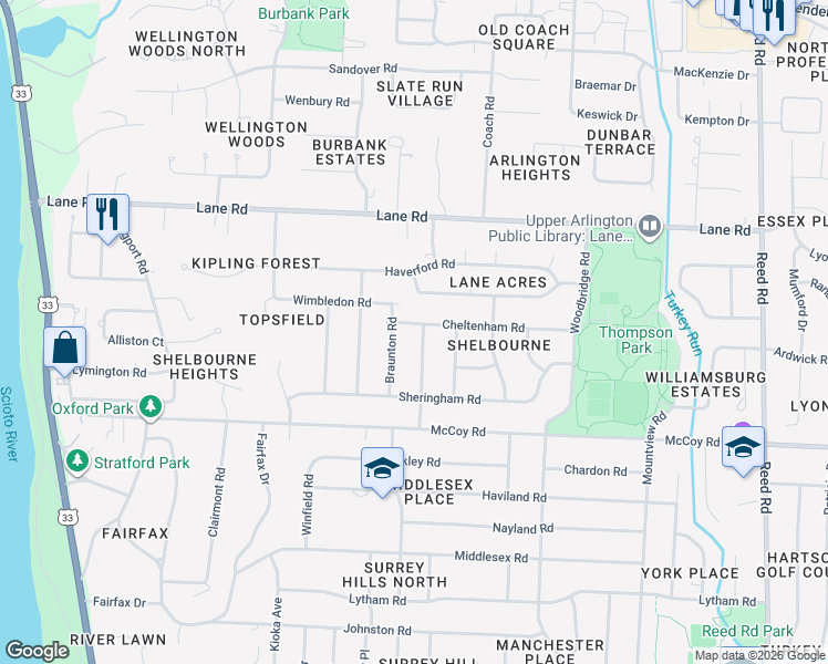 map of restaurants, bars, coffee shops, grocery stores, and more near 2295 Cheltenham Road in Columbus