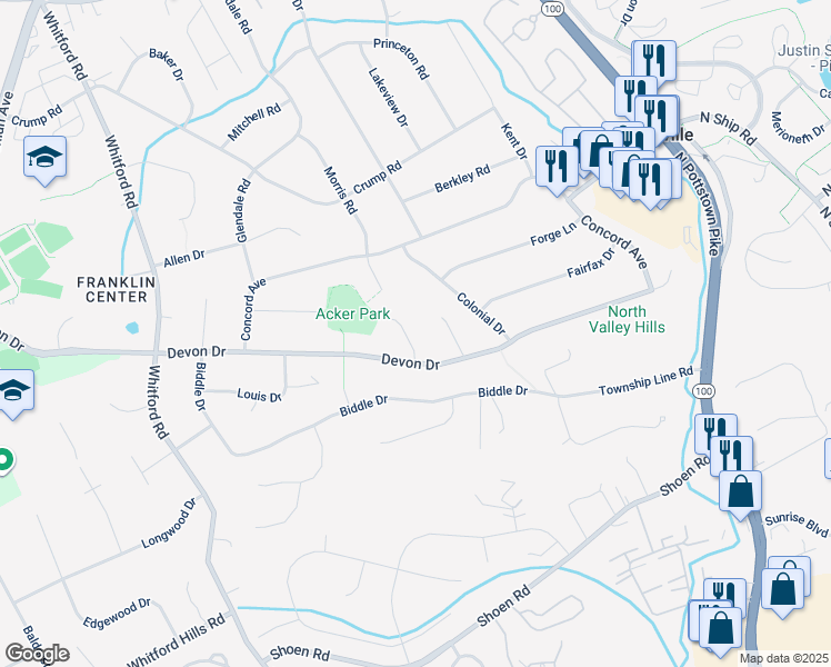 map of restaurants, bars, coffee shops, grocery stores, and more near 106 Noel Circle in Exton