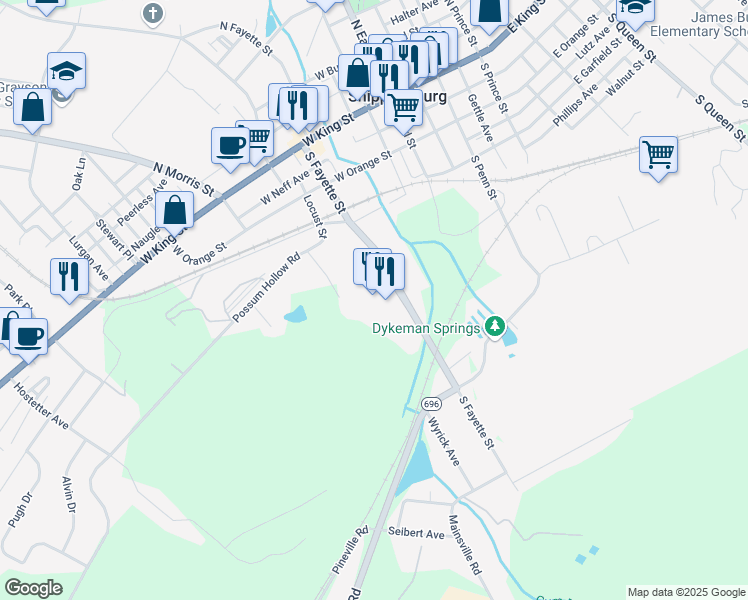 map of restaurants, bars, coffee shops, grocery stores, and more near 300 South Fayette Street in Shippensburg