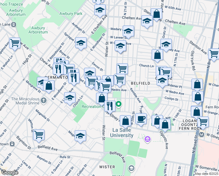 map of restaurants, bars, coffee shops, grocery stores, and more near 2143 West Nedro Avenue in Philadelphia