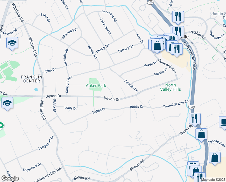 map of restaurants, bars, coffee shops, grocery stores, and more near 106 Noel Circle in Exton