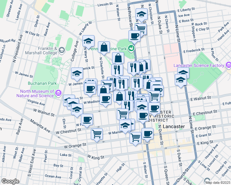 map of restaurants, bars, coffee shops, grocery stores, and more near 315 West Lemon Street in Lancaster