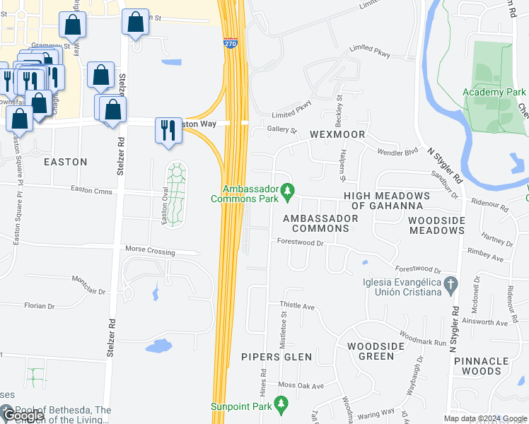 map of restaurants, bars, coffee shops, grocery stores, and more near 3449 Hines Rd in Columbus