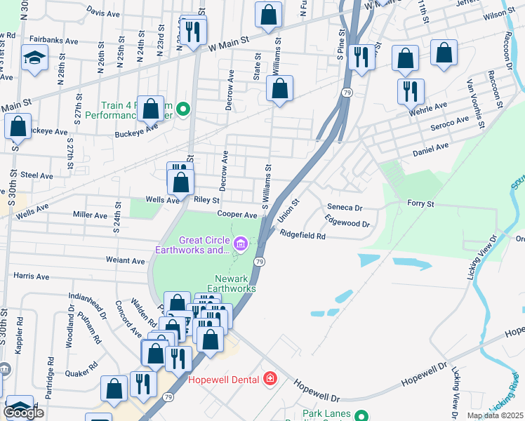 map of restaurants, bars, coffee shops, grocery stores, and more near 301 South Williams Street in Newark