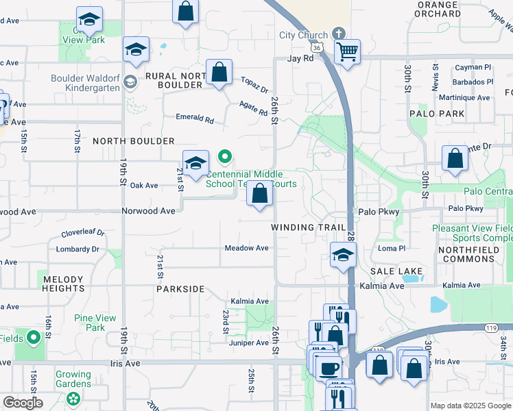 map of restaurants, bars, coffee shops, grocery stores, and more near 3808 26th Street in Boulder