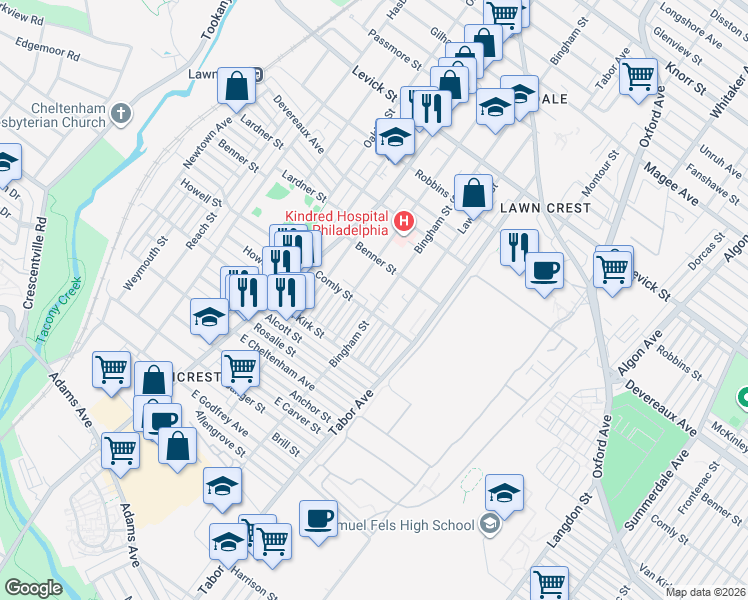 map of restaurants, bars, coffee shops, grocery stores, and more near 561 East Comly Street in Philadelphia