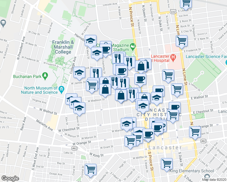 map of restaurants, bars, coffee shops, grocery stores, and more near 327 West Lemon Street in Lancaster
