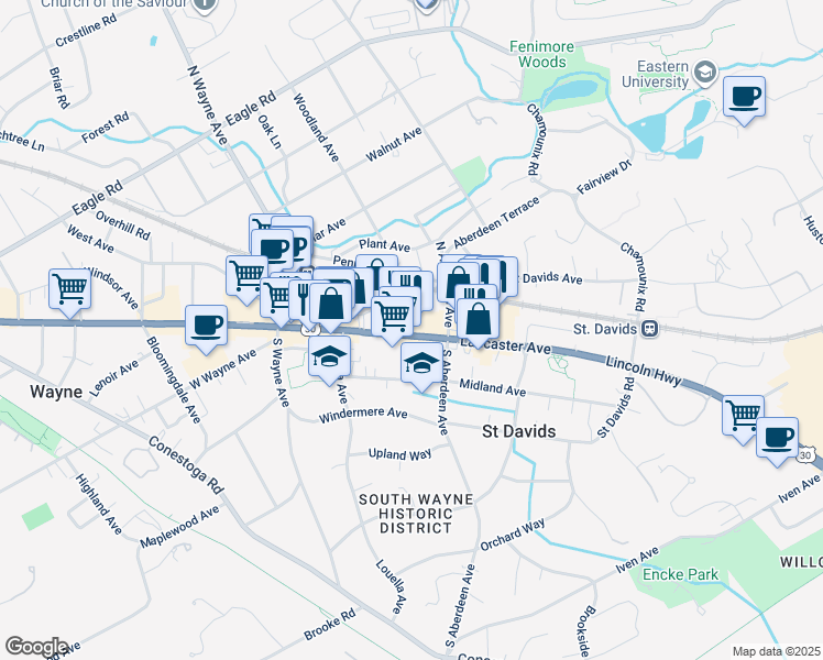 map of restaurants, bars, coffee shops, grocery stores, and more near 189 Lancaster Avenue in Devon
