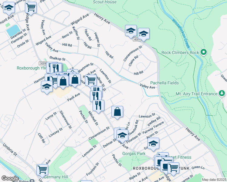 map of restaurants, bars, coffee shops, grocery stores, and more near 6822 Lawnton Street in Philadelphia