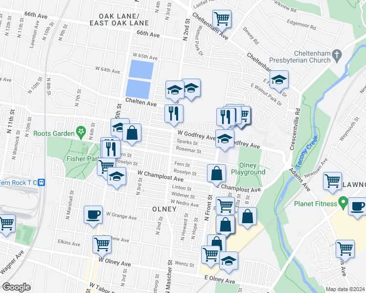 map of restaurants, bars, coffee shops, grocery stores, and more near 167 Rosemar Street in Philadelphia