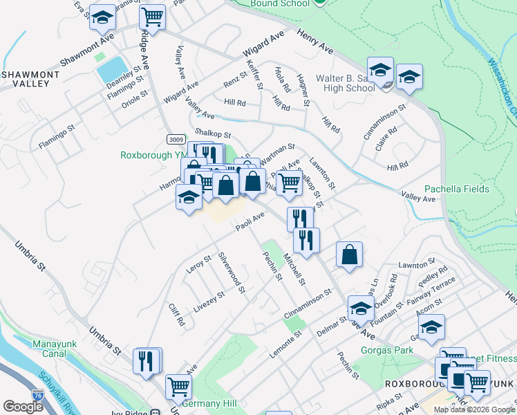 map of restaurants, bars, coffee shops, grocery stores, and more near 7014 Ridge Avenue in Philadelphia