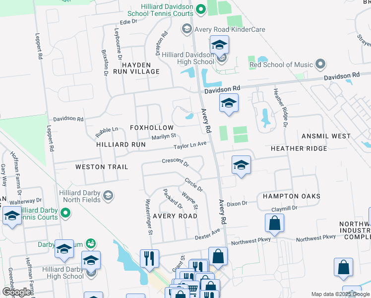 map of restaurants, bars, coffee shops, grocery stores, and more near 5269 Taylor Lane Avenue in Hilliard