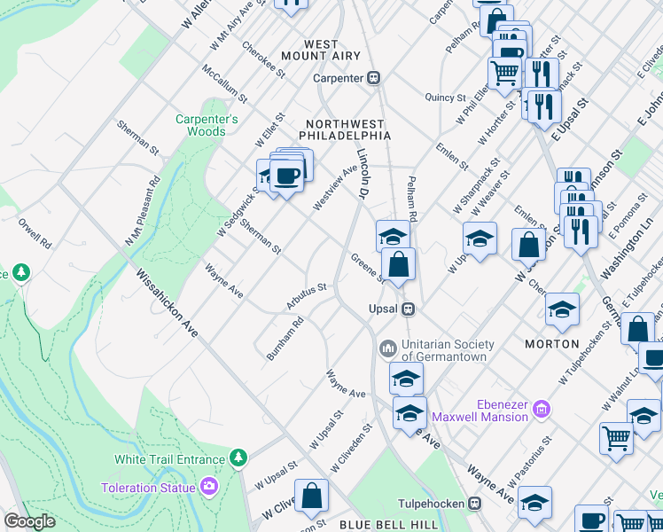 map of restaurants, bars, coffee shops, grocery stores, and more near 6648 Lincoln Drive in Philadelphia