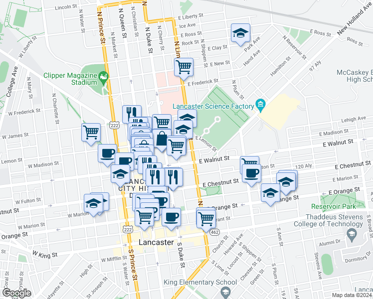 map of restaurants, bars, coffee shops, grocery stores, and more near 149 East Madison Street in Lancaster