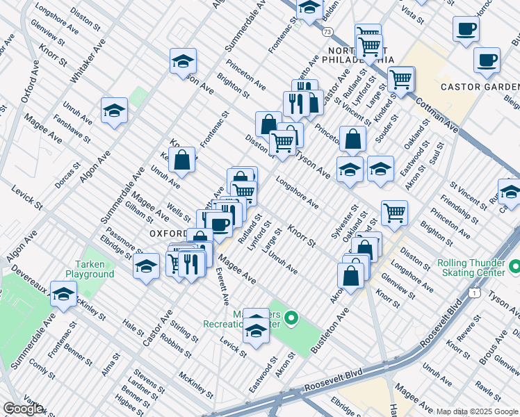 map of restaurants, bars, coffee shops, grocery stores, and more near 6752 Rutland Street in Philadelphia