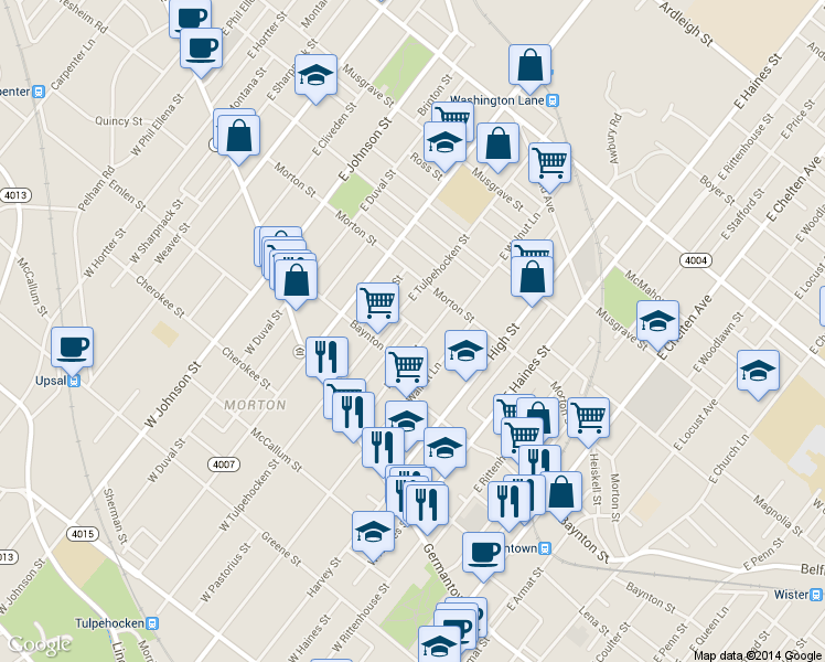 map of restaurants, bars, coffee shops, grocery stores, and more near 128 East Pastorius Street in Philadelphia