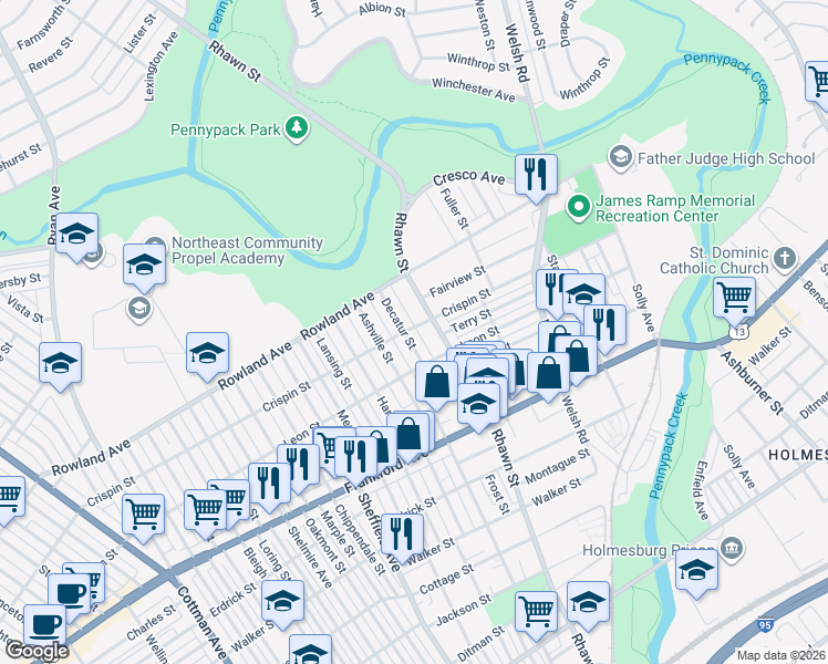 map of restaurants, bars, coffee shops, grocery stores, and more near 3401 Decatur Street in Philadelphia