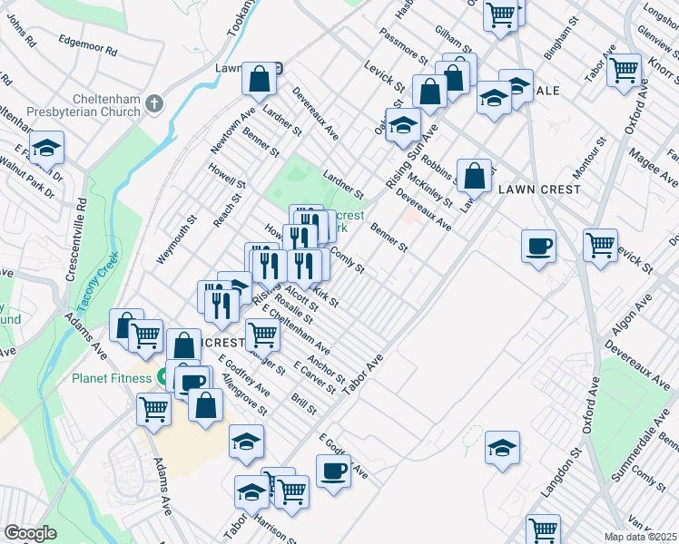 map of restaurants, bars, coffee shops, grocery stores, and more near 5946 Malta Street in Philadelphia