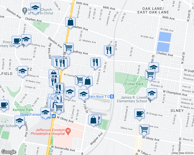 map of restaurants, bars, coffee shops, grocery stores, and more near 6008 North Warnock Street in Philadelphia