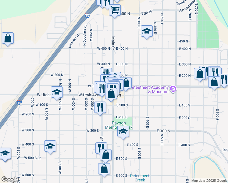 map of restaurants, bars, coffee shops, grocery stores, and more near 50 North Main Street in Payson