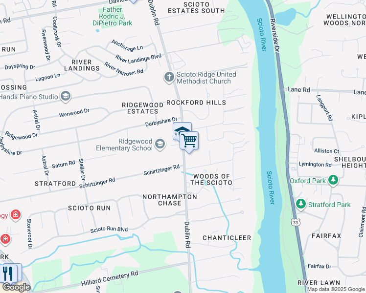 map of restaurants, bars, coffee shops, grocery stores, and more near 4237 Dublin Road in Hilliard