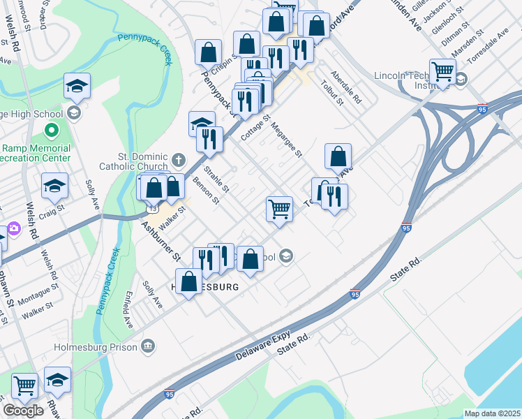 map of restaurants, bars, coffee shops, grocery stores, and more near 8617 Ditman Street in Philadelphia
