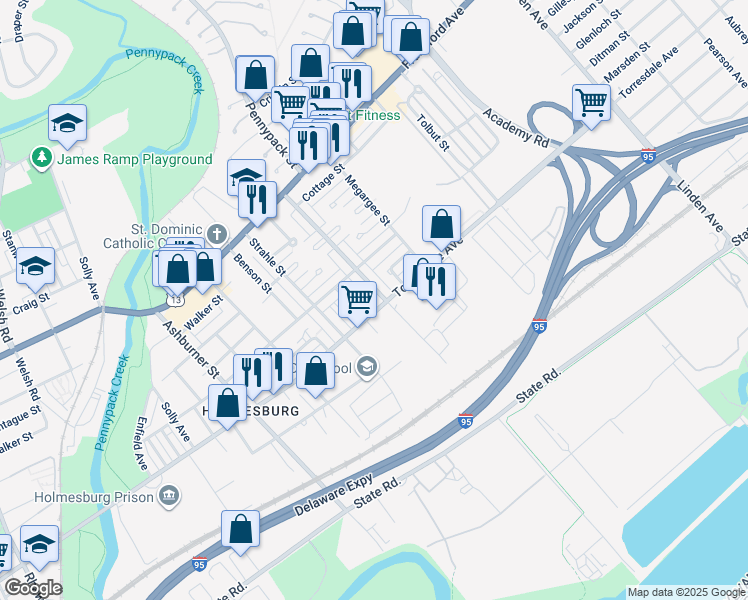 map of restaurants, bars, coffee shops, grocery stores, and more near 4640 Pennypack Street in Philadelphia