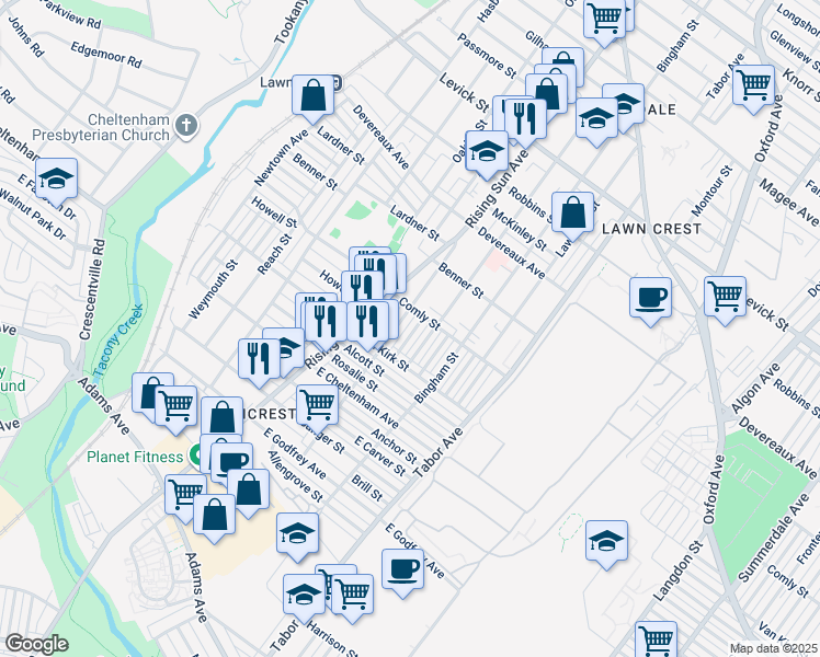 map of restaurants, bars, coffee shops, grocery stores, and more near 5946 Malta Street in Philadelphia
