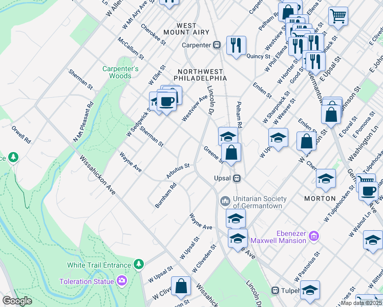 map of restaurants, bars, coffee shops, grocery stores, and more near 6648 Lincoln Drive in Philadelphia