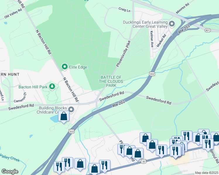 map of restaurants, bars, coffee shops, grocery stores, and more near 111 Phoenixville Pike in Malvern