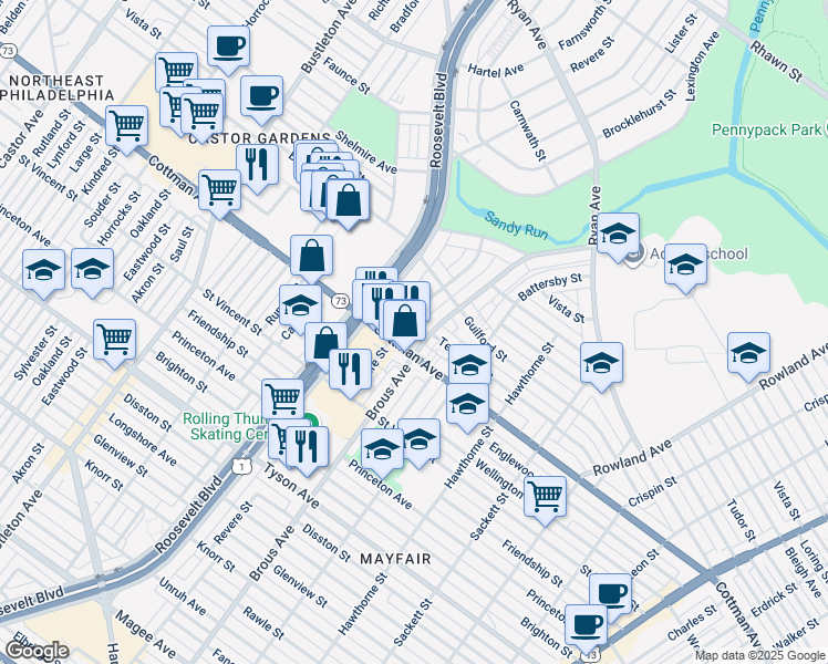 map of restaurants, bars, coffee shops, grocery stores, and more near 7316 Brous Avenue in Philadelphia
