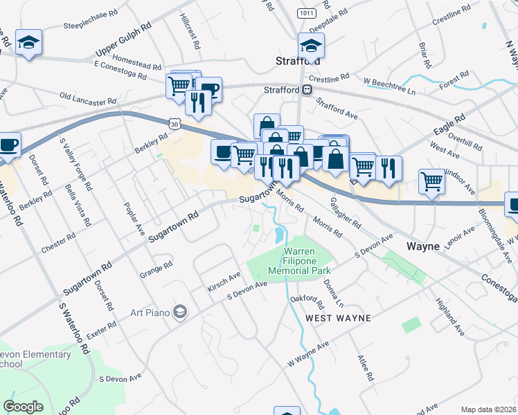 map of restaurants, bars, coffee shops, grocery stores, and more near 219 Sugartown Road in Wayne