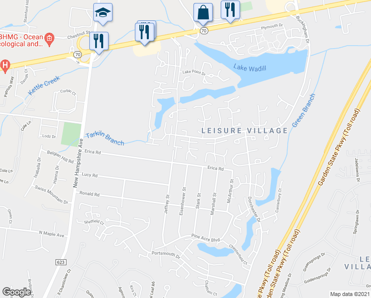 map of restaurants, bars, coffee shops, grocery stores, and more near 155A Gramercy Court in Toms River