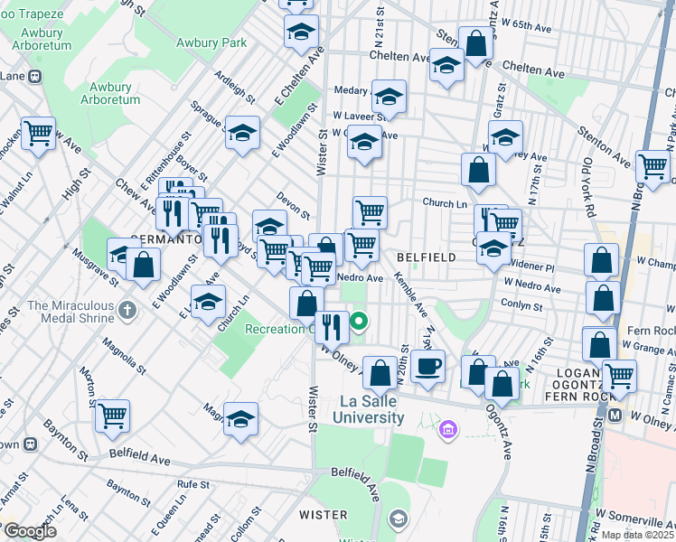 map of restaurants, bars, coffee shops, grocery stores, and more near 5923 North Beechwood Street in Philadelphia