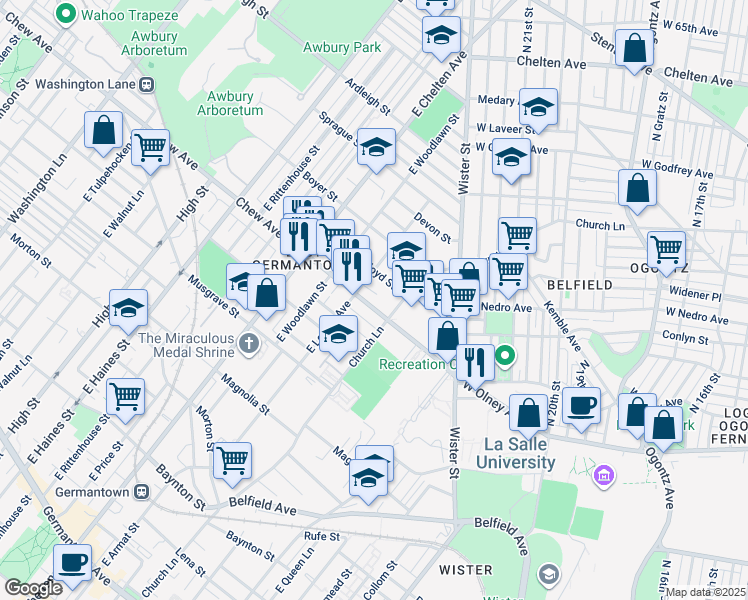 map of restaurants, bars, coffee shops, grocery stores, and more near 5525 Chew Avenue in Philadelphia